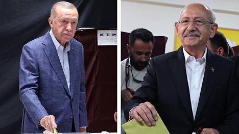 Presidentti Recep Tayyip Erdoğan (vas.) äänesti Istanbulissa, ja vahvin vastaehdokas  Kemal Kılıçdaroğlu Ankarassa Turkin sunnuntaisissa vaaleissa.