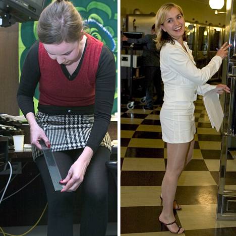 Roosa Meriläinen (green) in 2003 and Satu Taiveaho (sd) in 2004 with miniskirts in the national parliament.