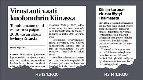 Ensimmäisiä koronavirusaiheisia uutisia Helsingin Sanomien printtilehdessä tammikuussa 2020.