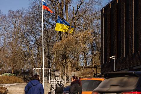 Mikko-Pekka Kiiskinen ripusti Ukrainan lipun puuhun Venäjän pääkonsulaatin läheisyyteen maanantaina.