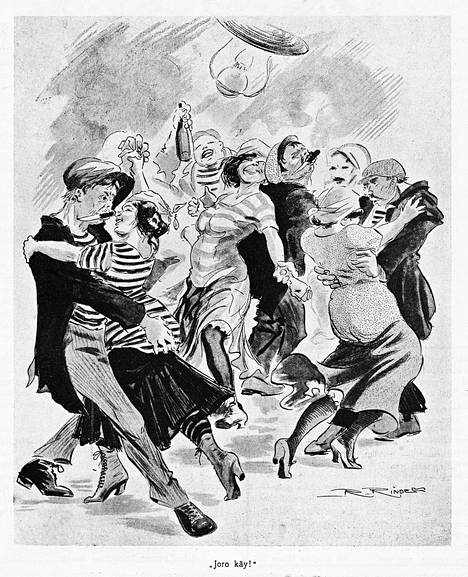 Fyren-lehden näkemys sakilaisista vuodelta 1913. Sosiaaliseen asemaansa nähden sakinpojat ja -tytöt pukeutuivat keikarimaisesti. Miehillä oli hatut, huivit, leveälahkeiset housut ja naisilla lyhyet hameet sekä korkokengät. Merimieshenkiset paidat ja takit olivat myös suosittuja.