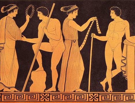 Kreikkalaisesta antiikkivaasista kopioidussa kuvassa palkitaan olympiakisojen voittajia.