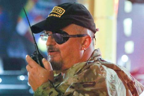 Stewart Rhodes, the founder of the Oath Keepers organization, spoke on the radio at the event of former US President Donald Trump in Minneapolis, Minnesota in October 2019.