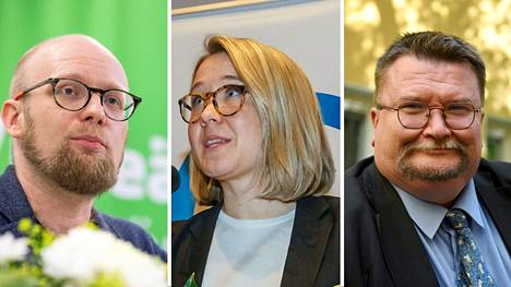 Vihreiden puoluesihteeri Veli Liikanen, kristillisdemokraattien puoluesihteeri Elsi Ranta ja perussuomalaisten puoluesihteeri Arto Luukkanen.