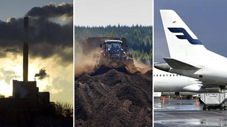 Hallitusohjelman mukaan jokaisen valtionyhtiön on osoitettava yhteiskuntavastuuta. Kuvassa Fortumin Suomenojan voimalaitos, Vapon turvesuo ja Finnairin matkustajakoneita.