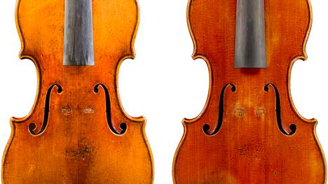 Huipputarkka kuvaustekniikka paljasti proteiinipohjaisen kerroksen kahden Stradivarius-viulun puun ja lakkapinnoitteen välissä. Pienet neliöt näyttävät näytteenottopaikat. SL on San Lorenzo 1718. Tos on Toscano 1690. Kuva on tutkimuksesta.