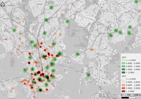Kartalla punaisena näkyvät vuoden 2021 onnettomuudet ja vihreänä vuoden 2022 onnettomuudet. Ambulanssikyytien perusteella onnettomuuspaikat ovat säilyneet osittain samoina, vaikka vuokraustoiminta on laajentunut.