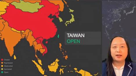 Taiwanin digitalisaatiosta vastaava ministeri Audrey Tang esitteli viime viikon perjantaina Yhdysvaltain järjestämässä demokratiahuippukokouksessa karttaa, jossa näkyi Aasian maita niiden ”avoimuuden” mukaan. Kartassa vihreällä merkitty Taiwan on kansalaisoikeuksiltaan ”avoin” maa, kun taas punaiseksi värjätty Kiina on ”suljettu”.