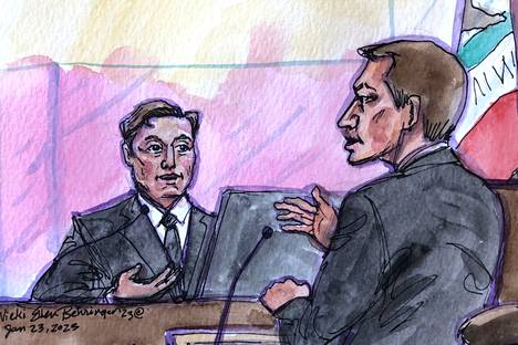 Piirros Teslan toimitusjohtaja Elon Muskista oikeudessa San Franciscossa maanantaina. 