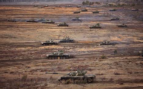 Russian and Belarusian tanks in a joint exercise near Brest, Belarus, last weekend.  The photo is taken from a video published by the Belarussian authorities.