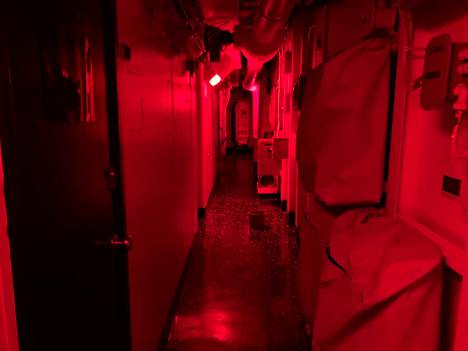 The atmosphere in the corridors changes when the red light comes on.  One purpose of the red light is to prevent glare at night. 