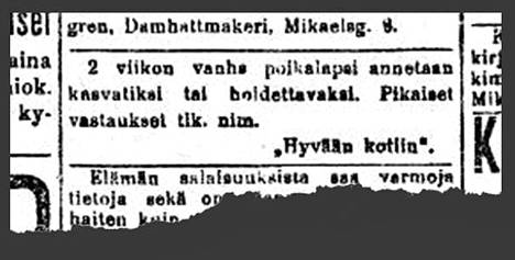 Pieni poikalapsi annetaan kasvatiksi lapsirakkaaseen perheeseen” –  Sisällissota toi Helsinkiin vain lyhyen kaupunkisodan, mutta myös pitkän  nälän, rikollisuuden, ruumiita ruuhkaksi asti - Kaupunki 