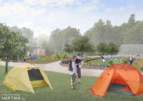 Kivinokassa voi tulevaisuudessa teltailla, mahdollisesti myös ylellisessä glamping-hengessä. Kuva: Maisema-arkkitehtitoimisto Näkymä Oy