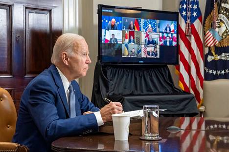 Yhdysvaltain presidentti Joe Biden osallistui Valkoisesta talosta G7-maiden virtuaalitapaamiseen Venäjän hyökkäyksestä Ukrainaan 11. lokakuuta.