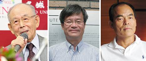 Fysiikan Nobel-palkitut Isamu Akasaki, Hiroshi Amano ja Shuji Nakamura.