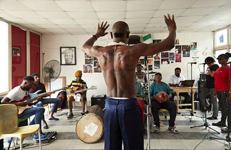 Seun Kuti instructed his band Egypt 80 at the Kalakuta museum's training camp.  Now Kuti is under arrest and the European tour is in danger.