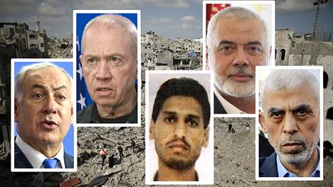 Kansainvälisen rikostuomioistuimen syyttäjä hakee pidätysmääräystä terroristijärjestö Hamasin johtajista ja Israelin pääministeristä ja puolustusministeristä. Kuvassa vasemmalta oikealle Benjamin Netanjahu, Yoav Gallant, Mohammed Diab Ibrahim al-Masr, Ismail Haniyeh ja Yahya Sinwar.