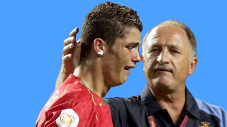 Cristiano Ronaldo itkemässä Kreikalle hävityn EM-finaalin jälkeen Lissabonissa. Häntä lohduttaa valmentaja Luiz Felipe Scolari.