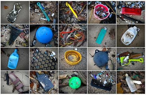 Meriin päätyy monenlaista muoviroskaa. Nämä esineet löytyivät 60 metrin matkalta hiekkarannalta Ouahun saarelta Hawaijilta joulukuussa 2014.