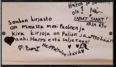 People at Souka Library wrote papers last week about thanks, memories and things they miss from Souka Library.  Here are the greetings from Lumi Roivainen, who was interviewed by HS.
