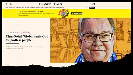 Brittilehti Financial Times julkaisi Timo Soinin laajan haastattelun suositussa ”Lounaalla FT:n kanssa” -sarjassaan. Kuvakaappaus lehden verkkosivuilta.