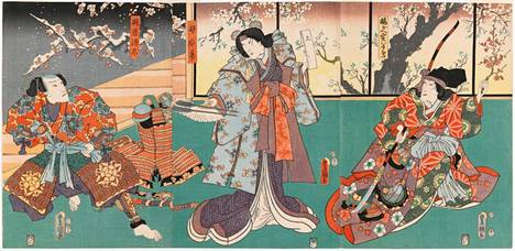 Utagawa Kunisada [Toyokuni III]: Näyttelijä Nakamura Tomijuro II, Onoe Baiko ja Ichikawa Danjuro VIII näytelmässä Umeyanagi sakigake soshi (Kertomus varhain kukkivista luumupuista ja pajuista), 1854.