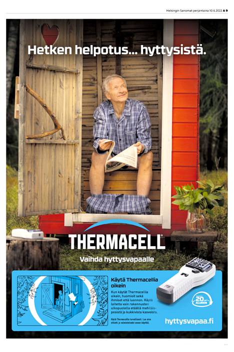 Thermacell on mainostanut viime aikoina muun muassa Helsingin Sanomissa. Kuvan mainos julkaistu perjantaina 10. kesäkuuta.