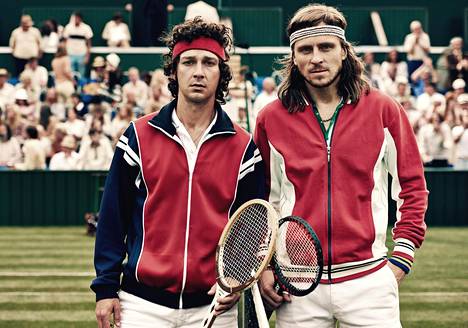 Shia LaBeouf on John McEnroe (vas.) ja Sverrir Gudnason on Björn Borg Wimbledonin tennisturnauksessa vuonna 1980.