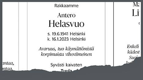Antero Helasvuon kuolinilmoitus viime sunnuntain Helsingin Sanomissa.  