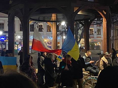 Flags for Poland and Ukraine had been united in a protest demonstration on Thursday night in the square in the old town of Rzeszow in eastern Poland.