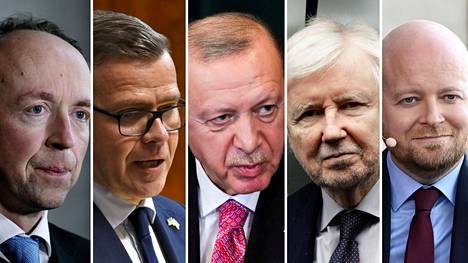 Jussi Halla-aho (ps), Petteri Orpo (kok), Turkin presidentti Recep Tayyip Erdoğan, Erkki Tuomioja (sd), Jussi Saramo (vas). 