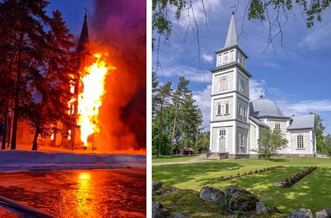 Rautjärven puurakenteinen kirkko on liekeissä. Oikealla kirkko kesäkuussa.