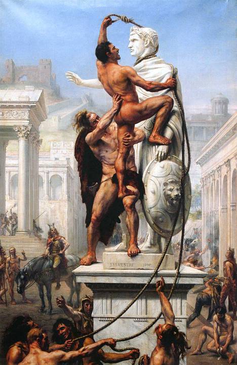 Ranskalaisen Joseph-Noël Sylvestren maalauksessa vuodelta 1890 barbaarit tuhoavat Roomaa.