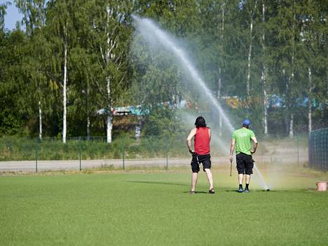 The hybrid grass at the Käpylä sports park is currently watered three times a day.