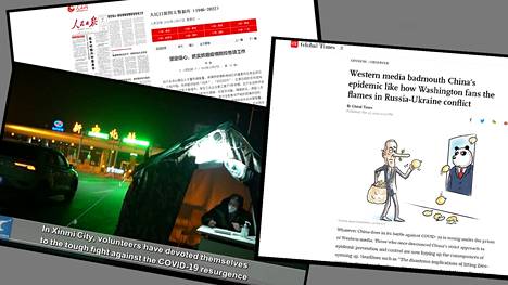 Kansan päivälehden sivulla (vas. yllä) kannustetaan ihmisiä yhtenäisyyteen taistelussa koronapandemiaa vastaan, Xinhuan videossa kerrotaan Henhuan maakunnan asukkaiden koronatoimista, ja Global Timesin jutussa syytetään länttä Kiinan epidemiakriisin lietsomisesta.