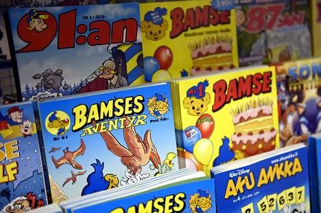 Bamse has expanded from a cartoon to a multi-disciplinary business brand.  Photo of the magazine shelf from 2016.