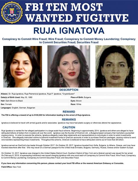FBI lisäsi Ruja Ignatovan etsityimpien henkilöiden listalleen.