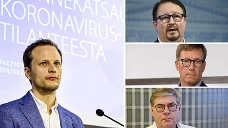 Mika Salminen (oik. ylh.), Mikko Pietilä ja Asko Järvinen kommentoivat Jussi Sanen (vas.) lausuntoa koronapandemian tilanteesta.