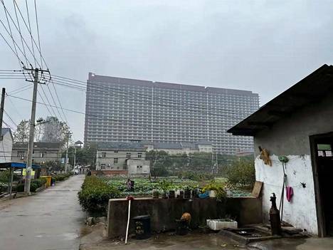 Kuvassa näkyy kiinalaisessa Ezhoun kaupungissa sijaitseva kerrostalomainen sikalarakennus.