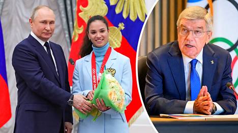 Vladimir Putinin kanssa veljeilevällä Veronika Stepanovalla ei riittänyt ymmärrystä Thomas Bachin (oik.) ehdotukselle.
