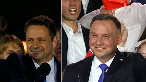Vasemmalla Kansalaisfoorumin ehdokas Rafal Trzaskowski ja oikealla Laki ja Oikeus puolueen Andrzej Duda.