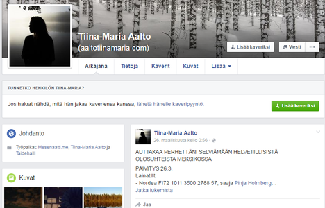 Tiina-Maria Aalto on yrittänyt saada lainaa äitinsä hoitokulujen ja kotimatkan maksamiseksi muun muassa Facebookin kautta.