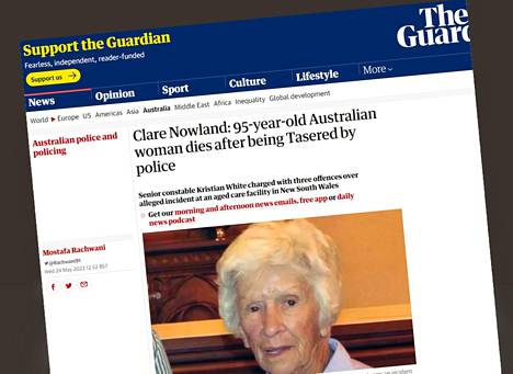 The Guardian kertoi 95-vuotiaan naisen kuolemasta. Ruutukaappaus.