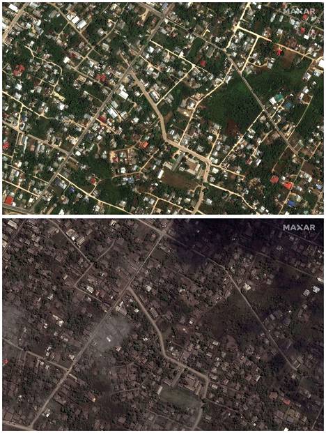 Satellite imagery of Nuku'alofa, the capital of Tonga.  The city is covered in a rich layer of ash.  The first picture was taken on December 29, the second picture is from Tuesday.