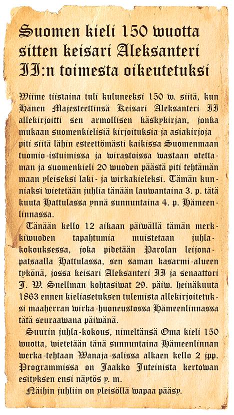 Suomen kielen asema vahvistettiin 150 vuotta sitten – lue tämä uutinen myös  1800-luvun suomella - Kulttuuri 