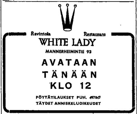 Vasta-avattu White Lady mainosti Helsingin Sanomissa 3. maaliskuuta 1952.