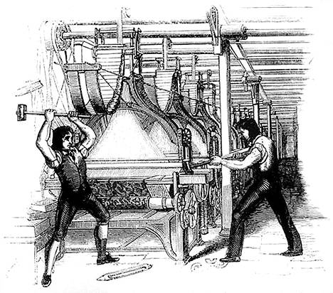 Luddiitit tuhosivat tehtaita Britanniassa1800-luvun alussa, koska he pelkäsivät koneiden vievän työpaikat.