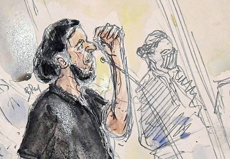 Piirtäjän näkemys Salah Abdeslamista oikeussalissa keskiviikkona. 