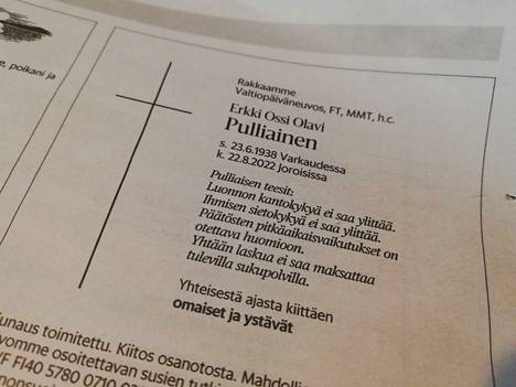 Erkki Pulliaisen kuolinilmoitus julkaistiin Helsingin Sanomissa sunnuntaina.
