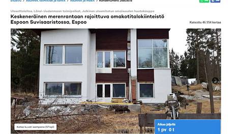 Länsi-Uudenmaan ulosottovirasto kauppaa keskeneräistä omakotitaloa Espoon Suvisaaristossa. Kuva on kuvakaappaus myynti-ilmoituksesta.